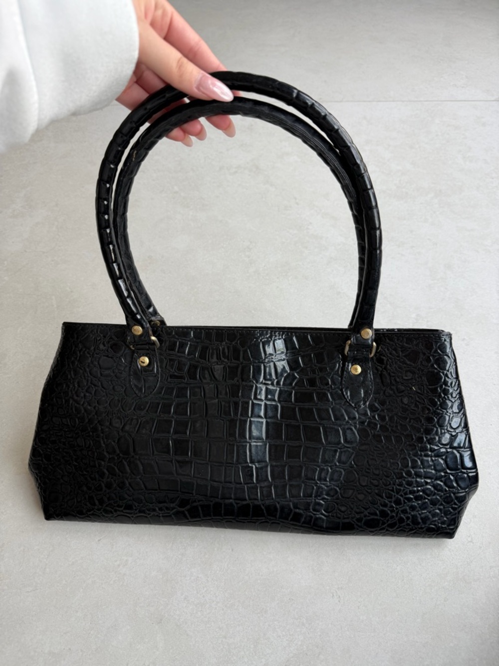 Croc-Embossed Black Shoulder Bag with Double Handles